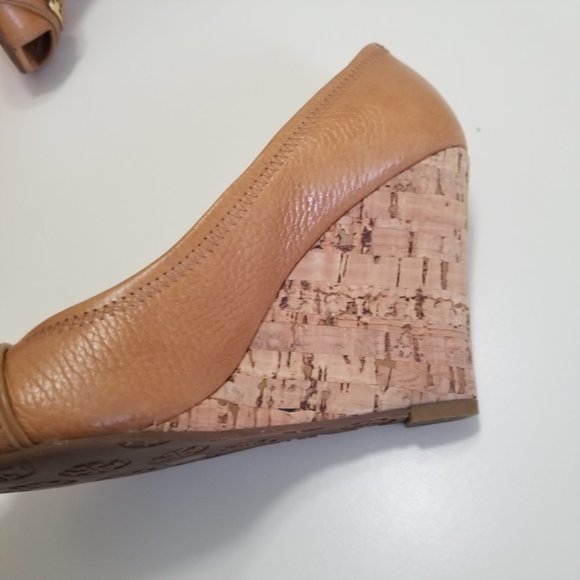 Tory Burch Carnell Royal Tan Leather Peep Toe Cork Wedge - Picture 6 of 8